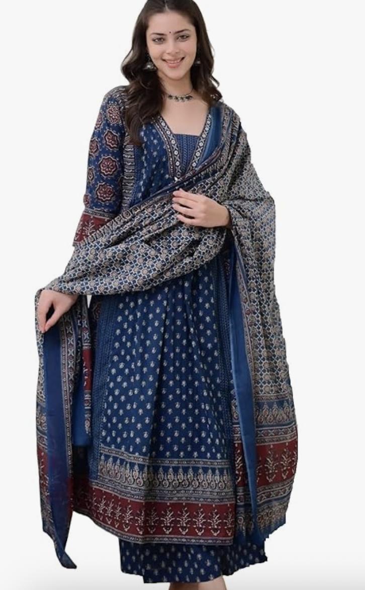 Buy KLOSIA Women Printed Anarkali Kurta and Pant Set with Dupatta Teal Blue at Amazon.in