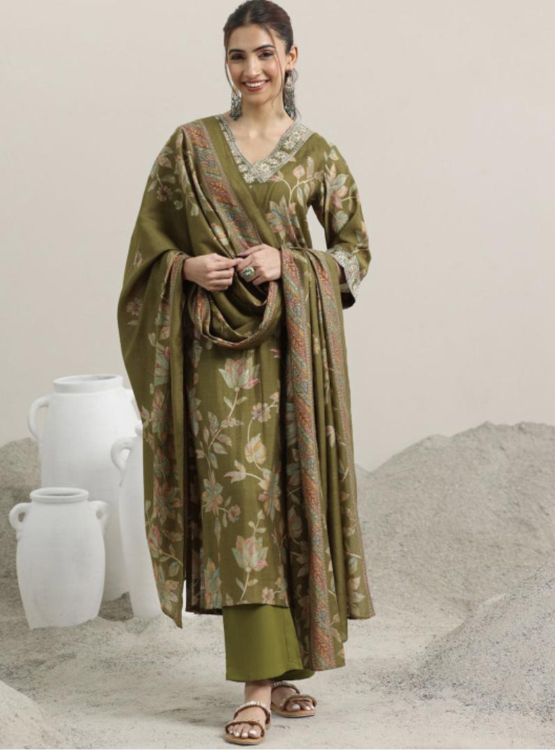 Buy Libas Floral Printed V Neck Thread Work Straight Kurta With Trousers & Dupatta -  - Apparel for Women