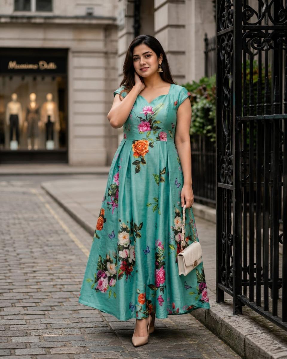 Zapelle Floral Dupion Silk Flared Gown