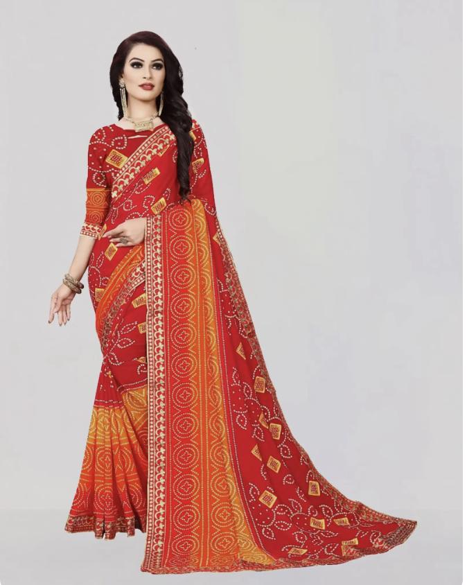 Kanooda Prints Printed Bandhani Georgette Saree (Red, Orange)
